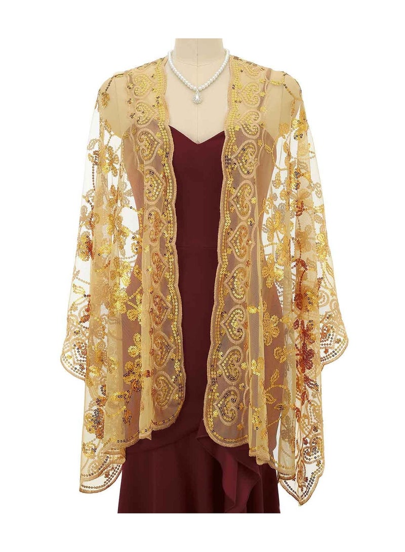 1920s Women's Shawls and Wraps, Sparkling Metallic Evening Scarves, Sequin Deco Wedding Wraps for Brides, Perfect for Parties and Special Occasions.