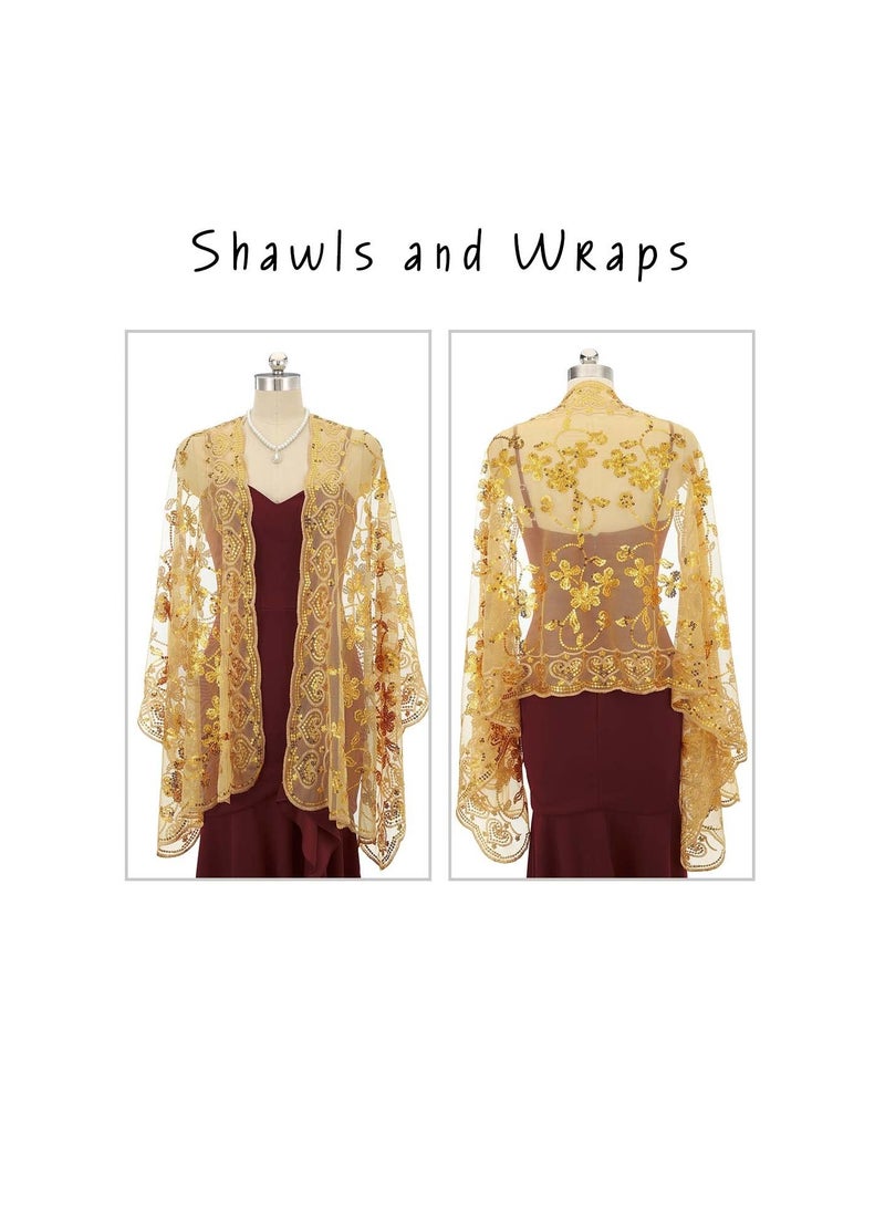 1920s Women's Shawls and Wraps, Sparkling Metallic Evening Scarves, Sequin Deco Wedding Wraps for Brides, Perfect for Parties and Special Occasions.