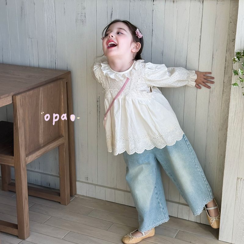 Girls Lace Doll Shirt Baby Shirt Children'S Cotton Shirt Top Wide Leg Jeans Suit - Image 2