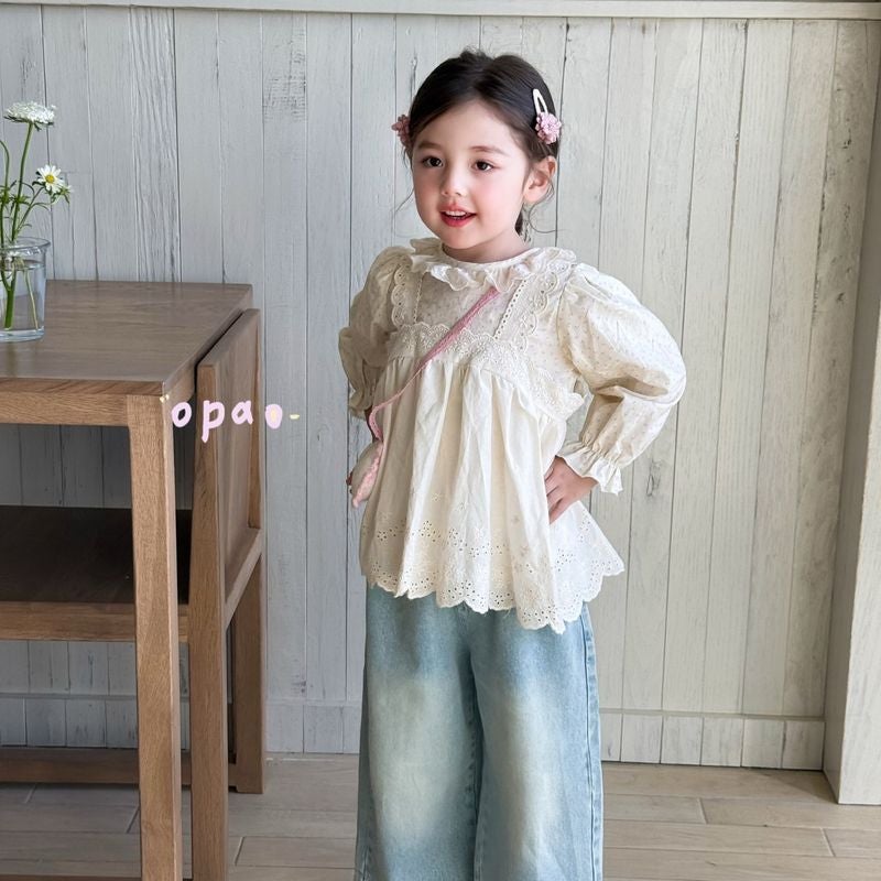 Girls Lace Doll Shirt Baby Shirt Children'S Cotton Shirt Top Wide Leg Jeans Suit - Image 5