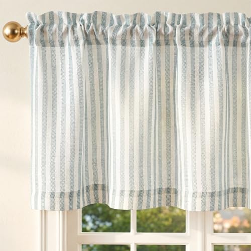 jinchan Linen Stripe Valance for Window 16 Inch Modern Rustic Farmhouse Valance for Kitchen Living Room Bathroom Window Treatment Light Filtering Rod Pocket 1 Panel Aqua Blue on Linen - Image 1