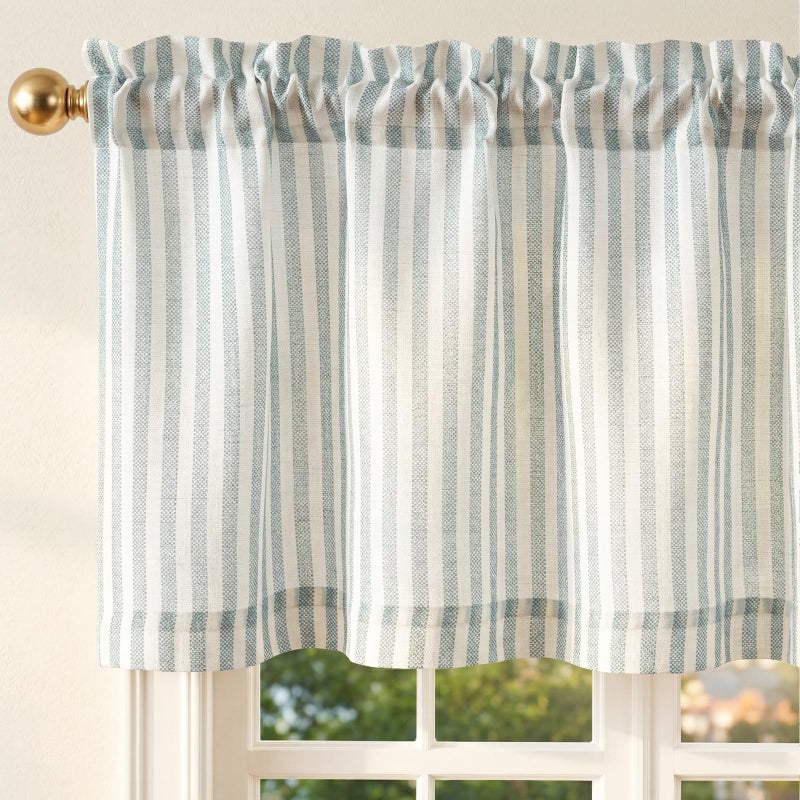 jinchan Linen Stripe Valance for Window 16 Inch Modern Rustic Farmhouse Valance for Kitchen Living Room Bathroom Window Treatment Light Filtering Rod Pocket 1 Panel Aqua Blue on Linen - Image 2