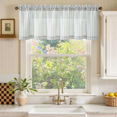 jinchan Linen Stripe Valance for Window 16 Inch Modern Rustic Farmhouse Valance for Kitchen Living Room Bathroom Window Treatment Light Filtering Rod Pocket 1 Panel Aqua Blue on Linen - Image 3