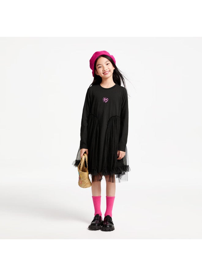 Annil Girls' Long Sleeve Dress Spring New Collection Black 150 - Image 3
