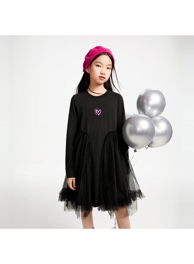 Annil Girls' Long Sleeve Dress Spring New Collection Black 150 - Image 1