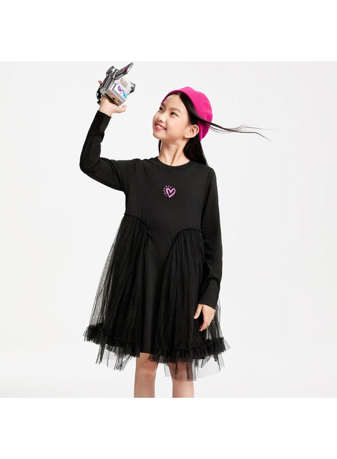 Annil Girls' Long Sleeve Dress Spring New Collection Black 150 - Image 2