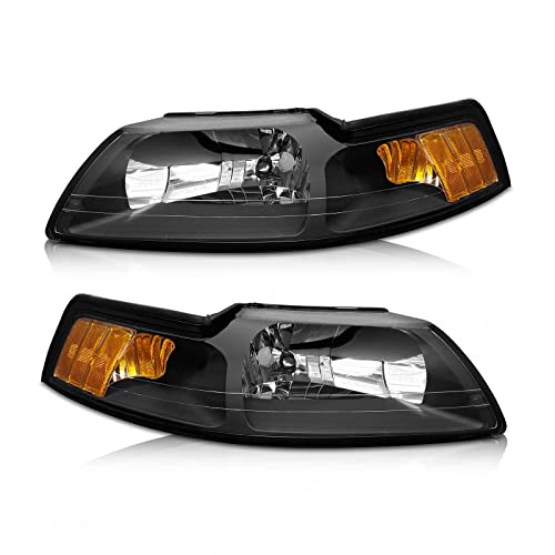 AS AUTOLIGHTS 1999 2000 2001 2002 2003 2004 Ford Mustang Headlight Assembly Replacement for 99 00 01 02 03 04 Ford Mustang with Black Housing Amber Reflector Clear Lens Pair 3R3Z13008CA/3R3Z13008DA - Image 1
