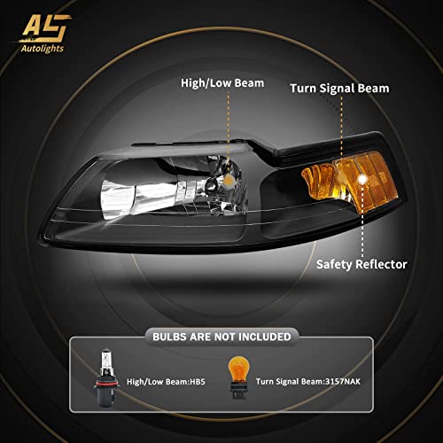 AS AUTOLIGHTS 1999 2000 2001 2002 2003 2004 Ford Mustang Headlight Assembly Replacement for 99 00 01 02 03 04 Ford Mustang with Black Housing Amber Reflector Clear Lens Pair 3R3Z13008CA/3R3Z13008DA - Image 3