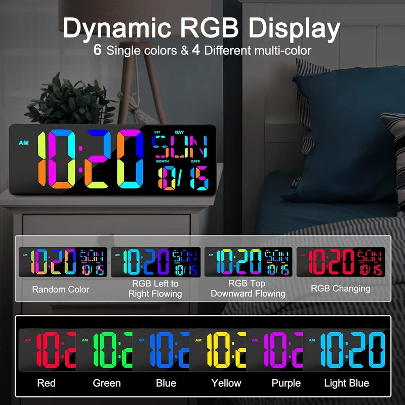 XREXS RGB Colour Changing Digital Wall Clock with Remote Control, 17 Inch Digital Clock LED Brightness Adjustable Digital Calendar Clock with Temperature/Date/Day (8 Languages)/Alarm Clock - Image 2