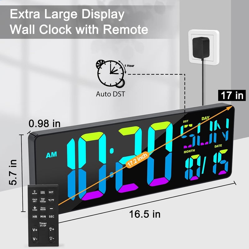 XREXS RGB Colour Changing Digital Wall Clock with Remote Control, 17 Inch Digital Clock LED Brightness Adjustable Digital Calendar Clock with Temperature/Date/Day (8 Languages)/Alarm Clock - Image 5