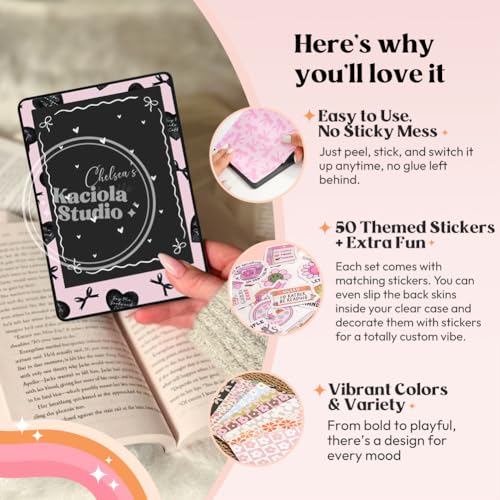 KACIOLA STUDIO 24PCS Pink Bow Skin for E-Reader, and 4PCS Type C Charms for E-Reader with Scrapbook Stickers, 7"x5" Skin Front and Back Decal Inserts for Paper White 12th (Pink Bow) - Image 4