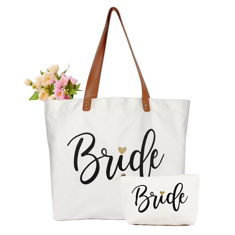 Lamyba Bride Bag with Makeup Bag Mrs Tote Bag Bride to be GiftsBridal Shower Gifts for Bride White