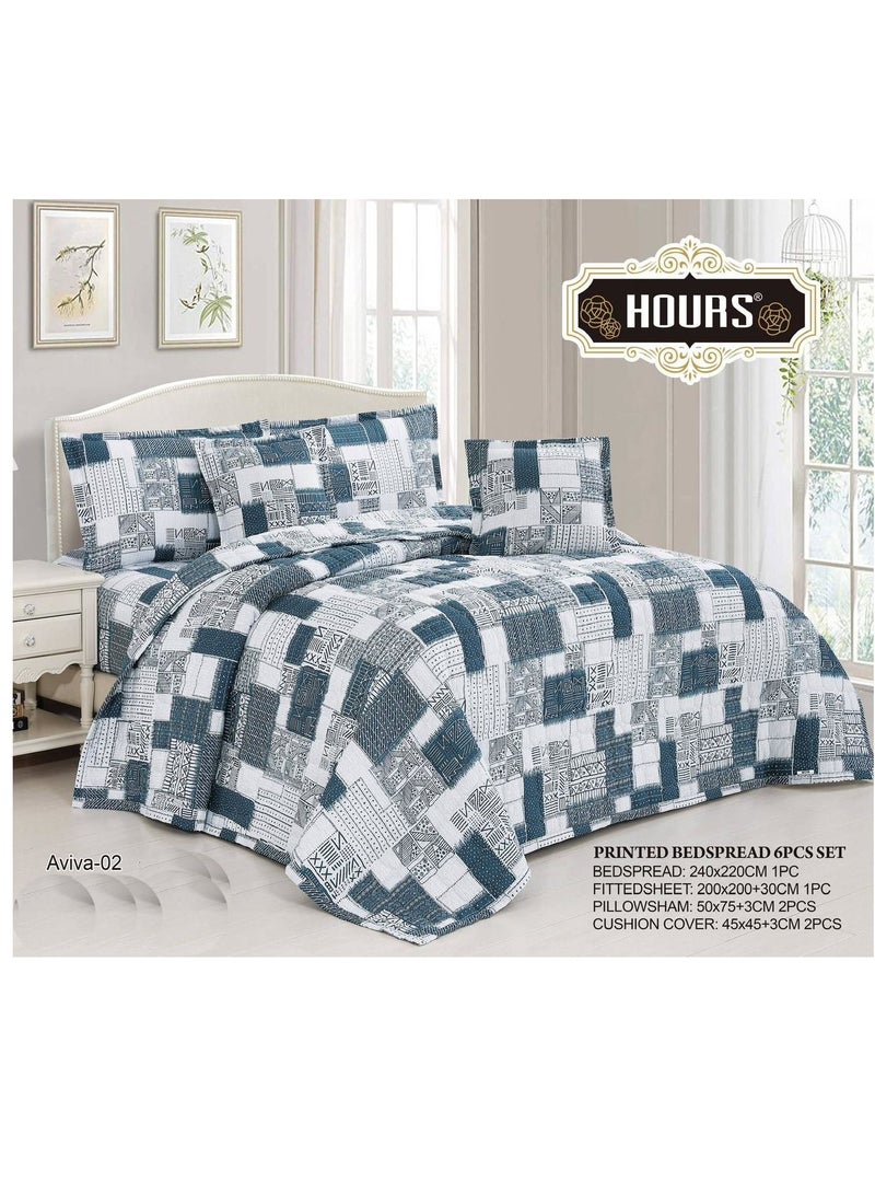 أورز مفرش سرير صيفي مطبوع مزدوج – طقم مفارش 6 قطع – تصميم عصري بنقشة المربعات والزهور – لحاف خامة ناعمة مريحة للاستخدام اليومي – ( 1 لحاف + 1 وشرشف مطاطي + 4 أغطية وسائد ديكورية ) يناسب سرير مقاس 200x200 سم - Image 2