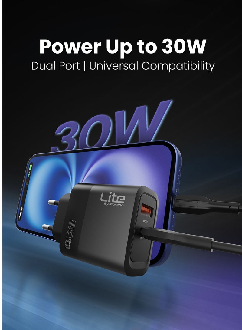 Moxedo Lite 30W GaN Charger USB-C / USB-A Ports PD 3.0 Wall Adapter Fast Charging Type C Plug For iOS and Android Compatible with USB-C to Lightning Cable & USB-C to USB-C Cable - Image 2