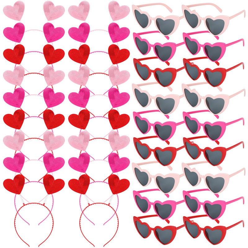 Youyole 36 Pcs Valentines Heart Headbands Bulk and Heart Sunglasses for Women Valentine Galentines Day Party Favor Decor(Red, Rose Red, Pink,Framed) - Image 1