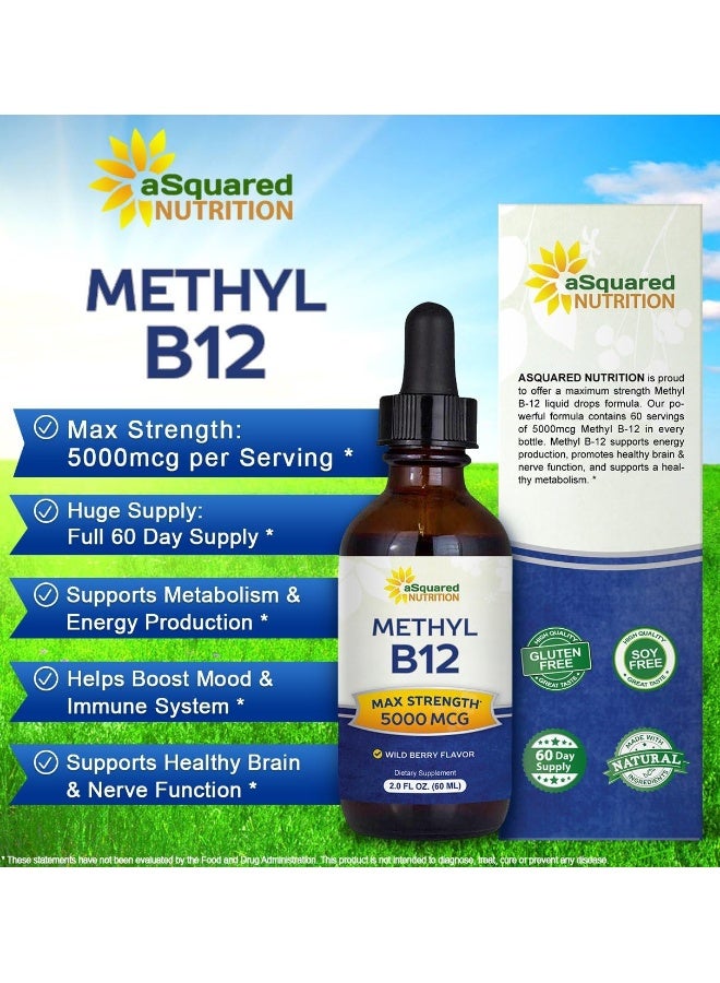 aSquared Nutrition Vitamin B12 Sublingual Liquid Drops - 5000 MCG Supplement with Methylcobalamin (Methyl B-12) - Max Absorption B 12 to Increase Energy - Vegan Friendly - 2 fl oz - Image 2