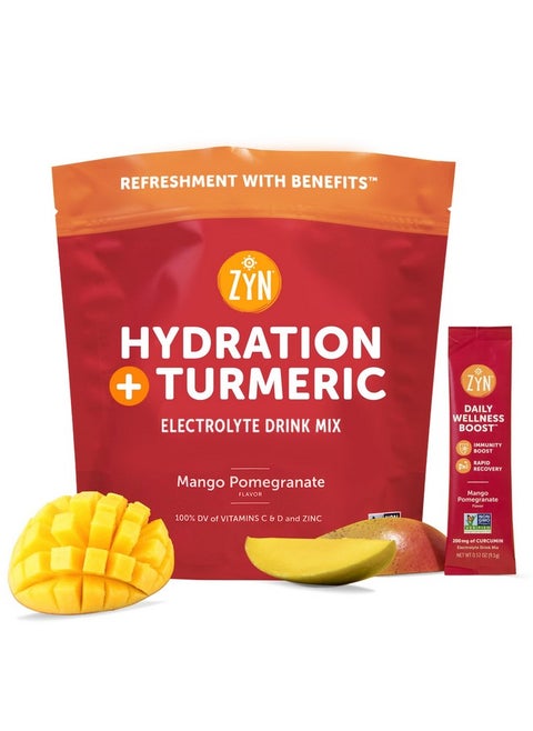 Zyn Electrolytes Powder Hydration Packets With Vitamins, Zinc & Turmeric Curcumin For Gut Health, Immune Support, Low Sugar Electrolyte Drink Mix Packets With Piperine, Mango Pomegranate, 16 Pack