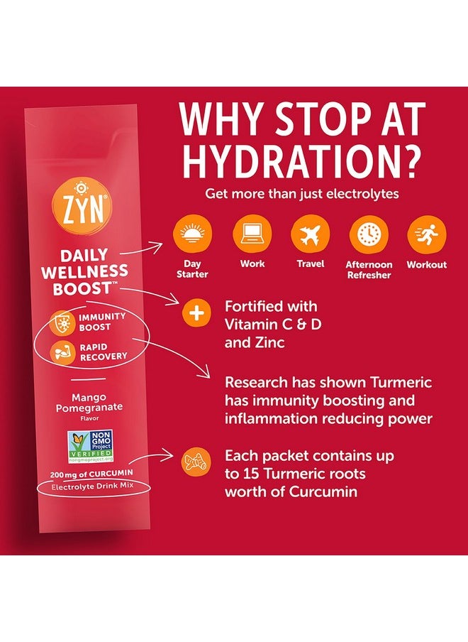 Zyn Electrolytes Powder Hydration Packets With Vitamins, Zinc & Turmeric Curcumin For Gut Health, Immune Support, Low Sugar Electrolyte Drink Mix Packets With Piperine, Mango Pomegranate, 16 Pack