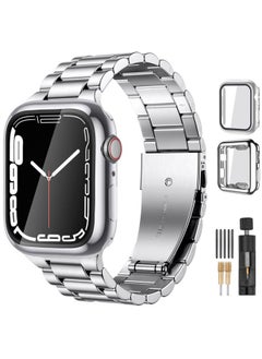 Compatible for Apple Watch Band 38mm 41mm 40mm 44mm 42mm 45mm 49mm,Stainless Steel Metal Band for Apple with 2 Pack Protective Case for Series 9/8/7/6/5/4/3/2/1/SE/SE2/Ultra/Ultra2 Men Women