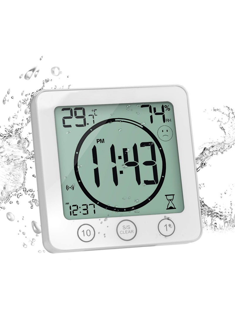Bathroom Clock with Thermometer Hygrometer, Digital Temperature Humidity Meter Gauge Monitor Shower Timer with Alarm for Bathroom Kitchen White - Image 3