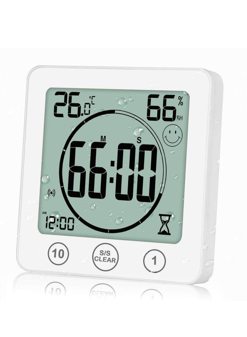 Bathroom Clock with Thermometer Hygrometer, Digital Temperature Humidity Meter Gauge Monitor Shower Timer with Alarm for Bathroom Kitchen White - Image 1