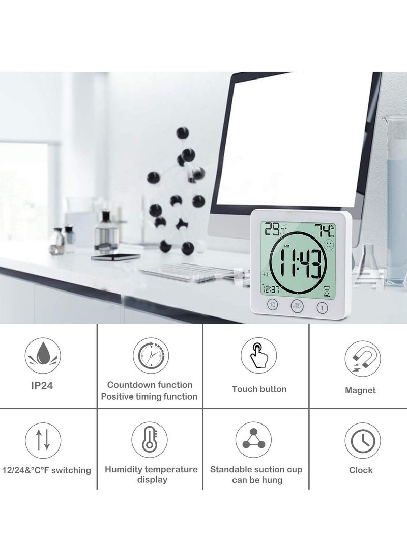 Bathroom Clock with Thermometer Hygrometer, Digital Temperature Humidity Meter Gauge Monitor Shower Timer with Alarm for Bathroom Kitchen White - Image 2
