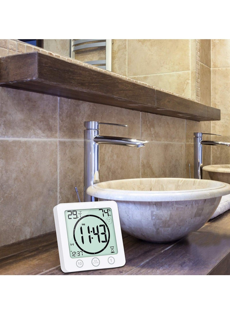Bathroom Clock with Thermometer Hygrometer, Digital Temperature Humidity Meter Gauge Monitor Shower Timer with Alarm for Bathroom Kitchen White - Image 5