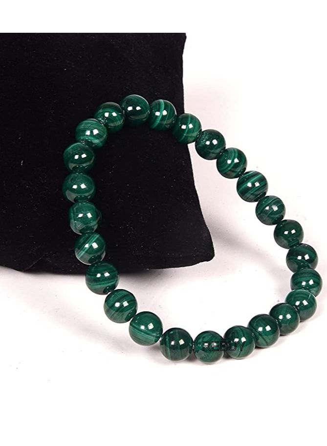 REBUY Malachite Bracelet Natural Crystal Healing Bracelet Gemstone Jewelry Beaded Stone Bracelet for Men & Women, Color Green, Bead Size 8 mm, Lab Certificate - Image 2