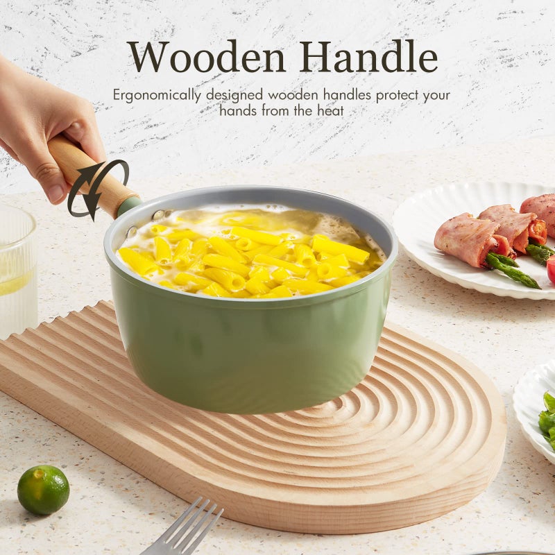 ROCKURWOK Ceramic Nonstick Sauce Pan with Lid, 1.5 Qt Small Pots for Cooking, Small Pot Wooden Handle for Cool Touch, Non Toxic & Pfas-Free Saucepan, Universal Base(Gas, Electric & Induction), Green - Image 4