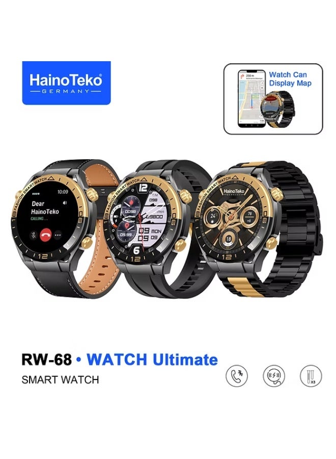 هينو تيكو ساعة هاينو تيكو RW-68 ساعة ذكية. الشاشة: شاشة AMOLED عالية الدقة. المكالمات: إمكانية إجراء واستقبال المكالمات عبر البلوتوث من معصمك. عرض الرسائل والملاحة عبر GPS مباشرة على الساعة. قياس معدل ضربات القلب، نسبة الأكسجين - Image 1