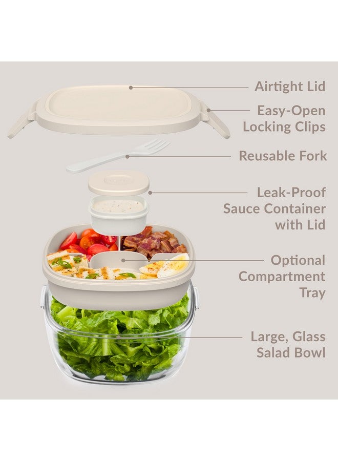 Bentgo Glass All-in-One Salad Container - Large 61-oz Salad Bowl with Lid, 4-Compartment Bento-Style Tray, 3-oz Sauce Container, & Reusable Fork - Dishwasher, Microwave, & Oven Safe (White Stone Tan) - Image 5