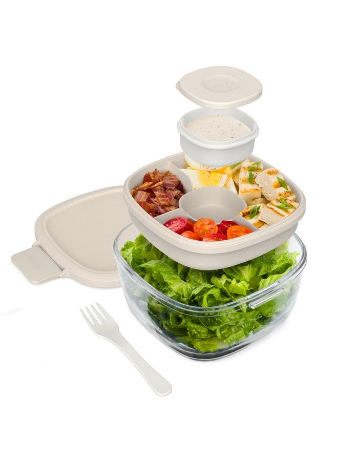 Bentgo Glass All-in-One Salad Container - Large 61-oz Salad Bowl with Lid, 4-Compartment Bento-Style Tray, 3-oz Sauce Container, & Reusable Fork - Dishwasher, Microwave, & Oven Safe (White Stone Tan) - Image 1