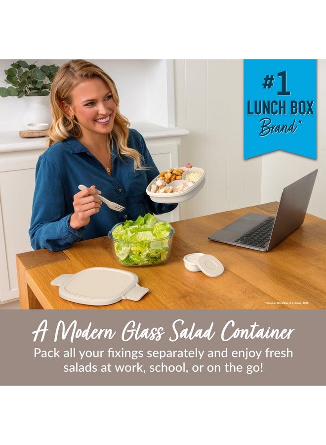 Bentgo Glass All-in-One Salad Container - Large 61-oz Salad Bowl with Lid, 4-Compartment Bento-Style Tray, 3-oz Sauce Container, & Reusable Fork - Dishwasher, Microwave, & Oven Safe (White Stone Tan) - Image 2