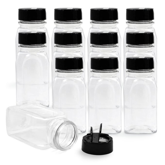 12 PACK 95 OZ PLASTIC SPICE JARS WITH BLACK CAP CLEAR AND SAFE PLASTIC BOTTLE CONTAINERS WITH SHAKER LIDS FOR STORING SPICE HERBS AND SEASONING POWDERS BPA FREE MADE IN USA