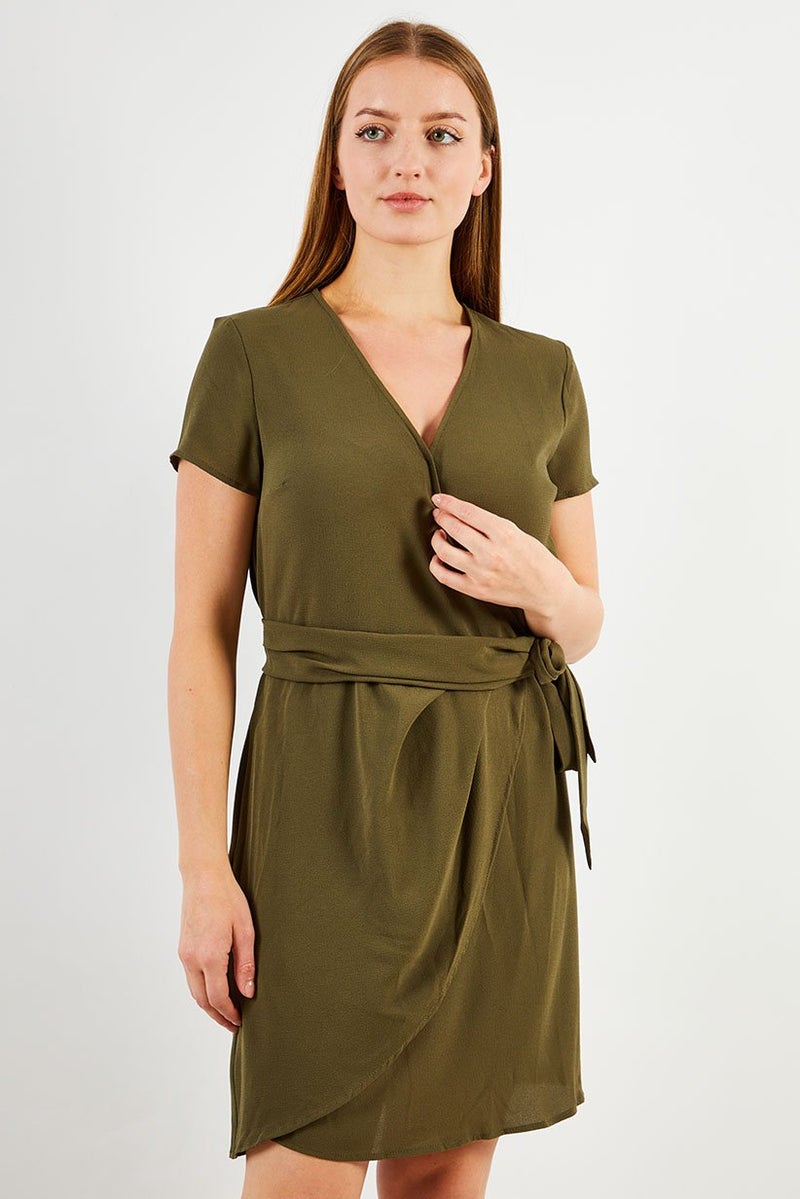 IKKS Women Textured Tie Waist Wrap Dress, Dark Olive - Image 1