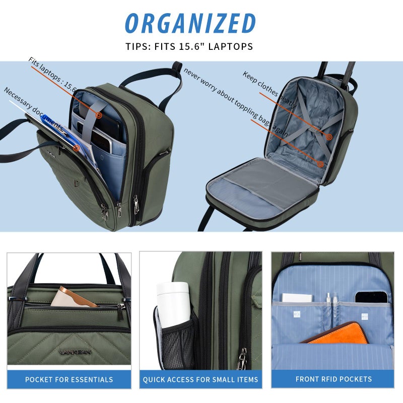 VANKEAN Carry On Underseat 16-inch Multi-functional Underseater Lightweight Overnight Suitcase with Wheels, Roller Case for Men Women Travel Business, Army Green - Image 4