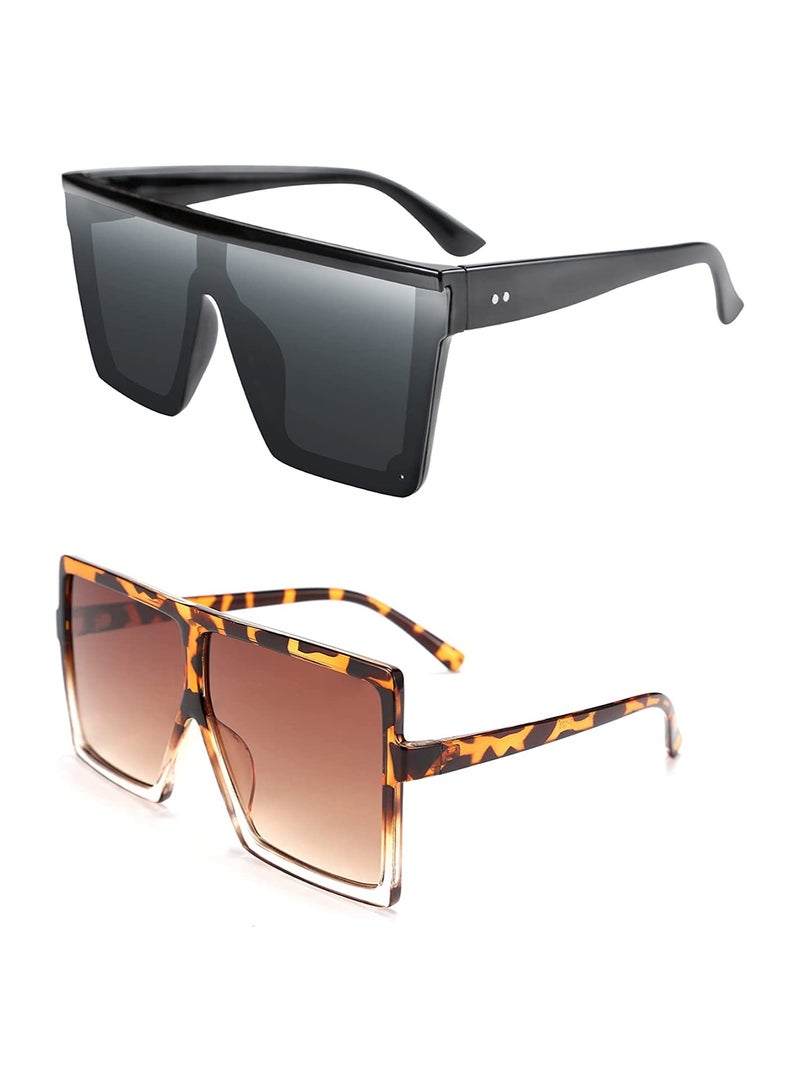 KASTWAVE Sunglasses Square Oversized Sunglasses for Women Men 2Pcs UV Protection Anti Eyestrain Big Flat Top Fashion Shield Rimless Shades for Driving Traveling All-match Sunglasses - Image 1