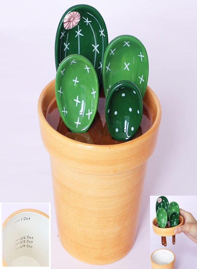 XDONEF Cactus Measuring Spoons Set in Pot Ceramic Cute Measuring Cups and Spoons Unique Baking Gifts for Dry Wet Ingredients Dishwasher Safe 1 Tbsp 1 TSP 1/2 TSP 1/4 TSP 1 Cup Green - Image 1