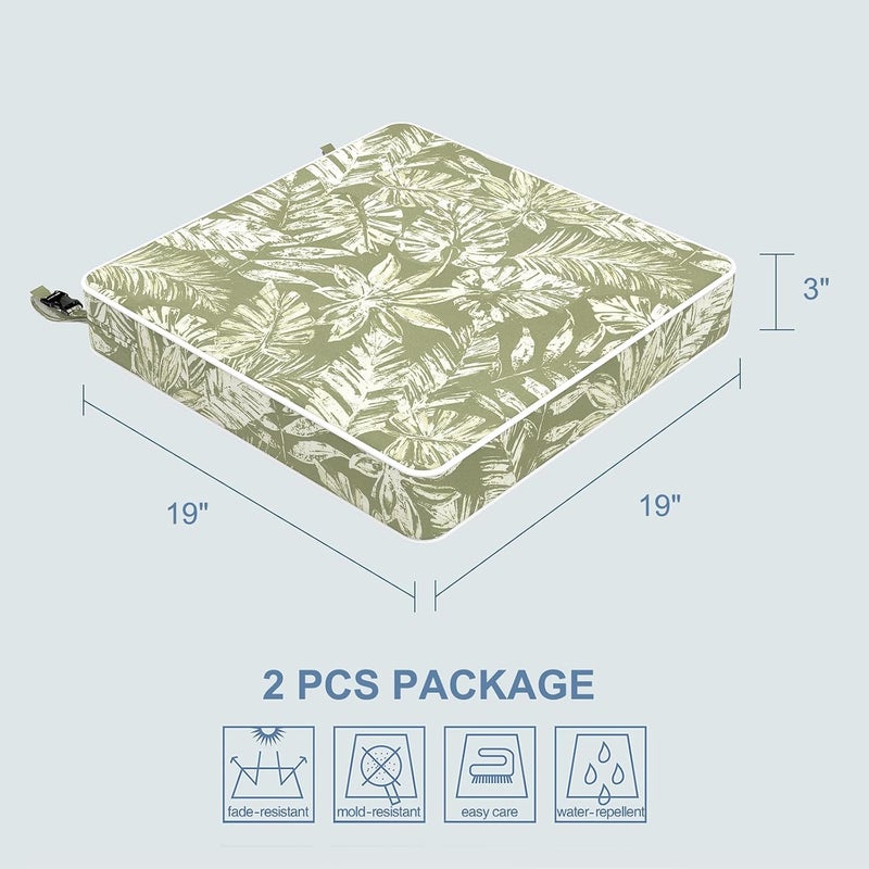 LVTXIII Patio Chair Cushions 19"x19"x3", Water-Repellent Outdoor Seat Cushions for Patio Furniture, Square Chair Pads with Ties for Home Garden Decoration, Set of 2, Tropical Leaf Green - Image 1