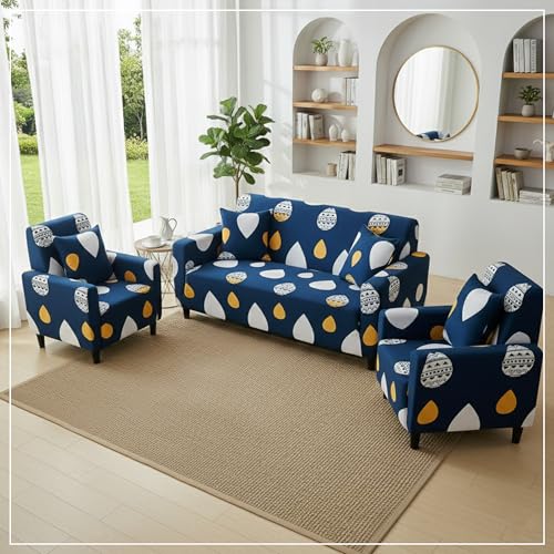Furshine Sofa Cover 3 Seater and 2 Seater Fully Covered Universal 5 Seater Sofa Cover Non-Slip Sticky Elastic Stretchable Sofa Set Slipcover Protector for (3+1+1 Seater), Blue Drop - Image 2