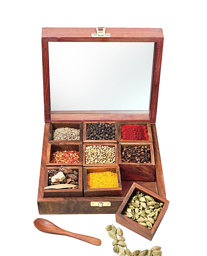 Woodiva Wooden Spices storage box for Kitchen containers with spoon - Image 1