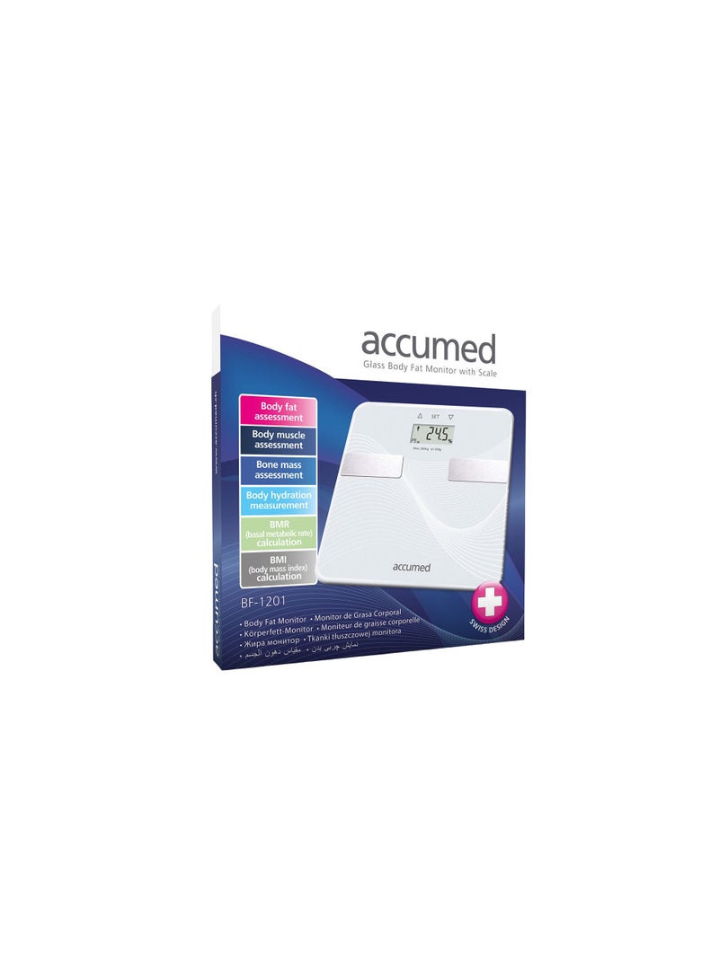 أكيومد ميزان Accumed BF-1201 لتحليل دهون الجسم – قياس الوزن، الدهون، العضلات، الماء، كتلة العظام، BMR وBMI – تصميم زجاجي أنيق - Image 1