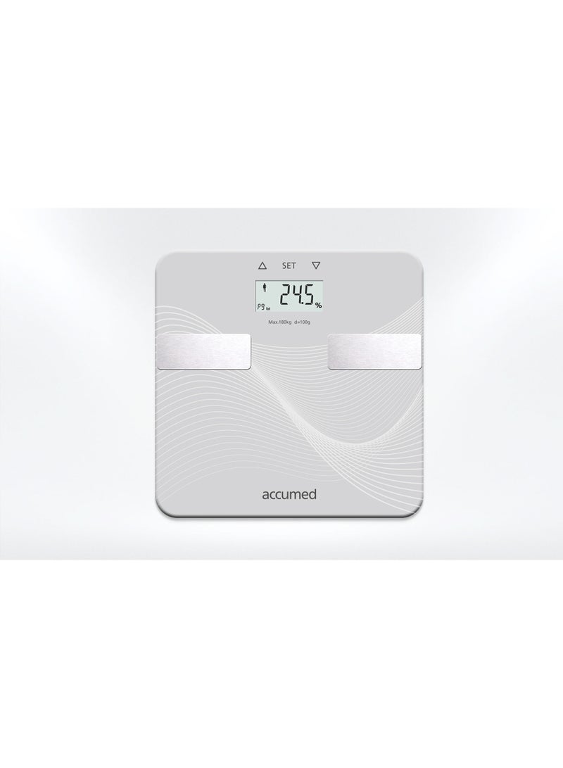 أكيومد ميزان Accumed BF-1201 لتحليل دهون الجسم – قياس الوزن، الدهون، العضلات، الماء، كتلة العظام، BMR وBMI – تصميم زجاجي أنيق - Image 2