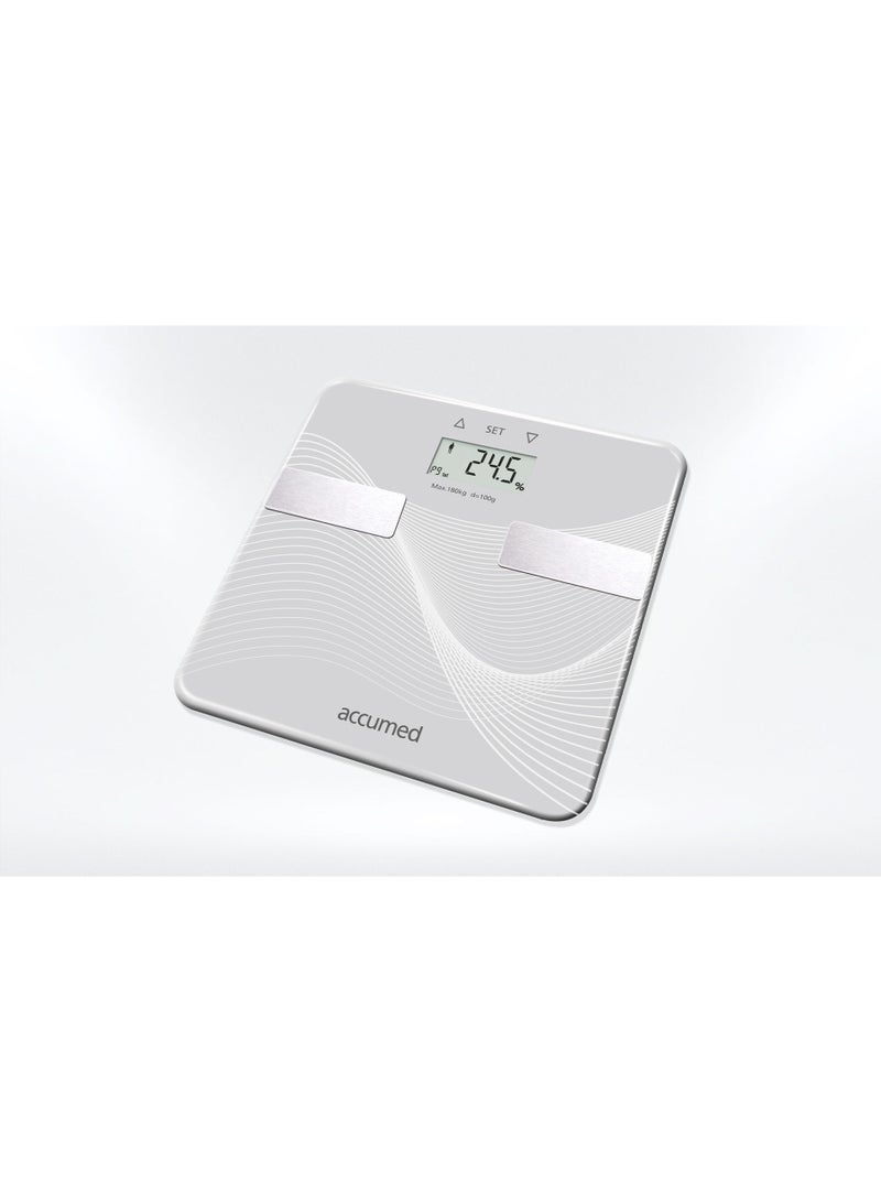 أكيومد ميزان Accumed BF-1201 لتحليل دهون الجسم – قياس الوزن، الدهون، العضلات، الماء، كتلة العظام، BMR وBMI – تصميم زجاجي أنيق - Image 4