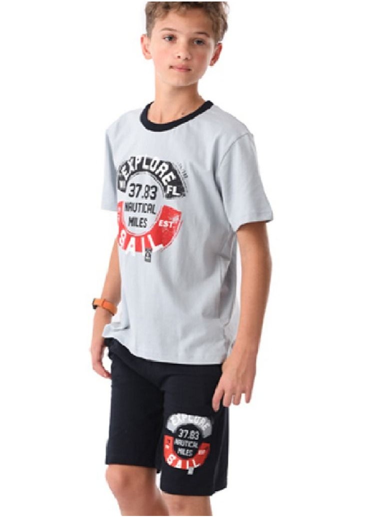 Urbasy Boys/Teens Printed round neck T-shirt with Navy blue solid shorts set - Image 2