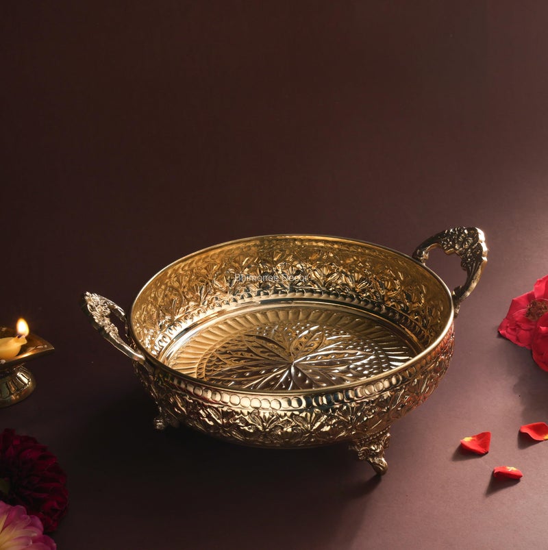 Bhimonee Decor Mughal Carving Fruit Bowl Handle 8" | 520 gm Decorative Serving Tray & Platter | Home Decor, Festivals & Gifting | Brass | Gold - Image 1