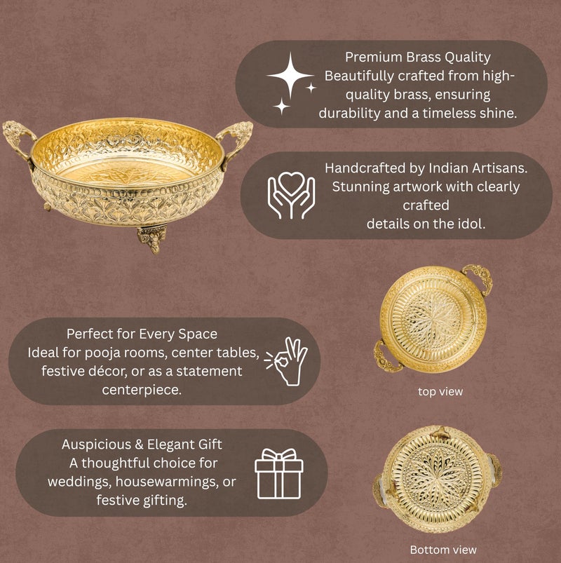 Bhimonee Decor Mughal Carving Fruit Bowl Handle 8" | 520 gm Decorative Serving Tray & Platter | Home Decor, Festivals & Gifting | Brass | Gold - Image 2