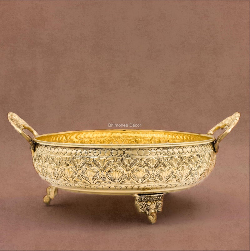 Bhimonee Decor Mughal Carving Fruit Bowl Handle 8" | 520 gm Decorative Serving Tray & Platter | Home Decor, Festivals & Gifting | Brass | Gold - Image 4