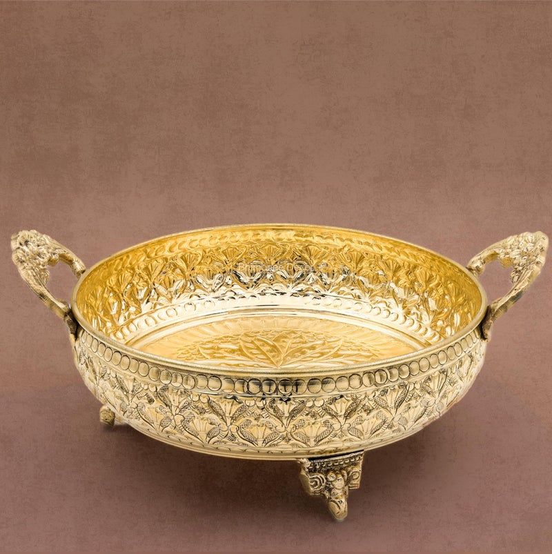Bhimonee Decor Mughal Carving Fruit Bowl Handle 8" | 520 gm Decorative Serving Tray & Platter | Home Decor, Festivals & Gifting | Brass | Gold - Image 3