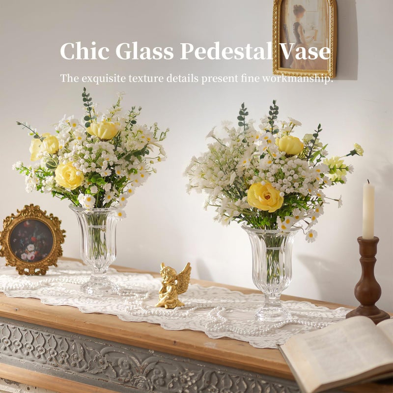 Glasseam Pedestal Glass Vase for Flowers, 7.5in Tall Compote Vase Set of 3, Crystal Clear Vases for Centerpieces, Ribbed Decorative Vases for Home Decor, Cute Footed Urn for Living Room Decorations - Image 2